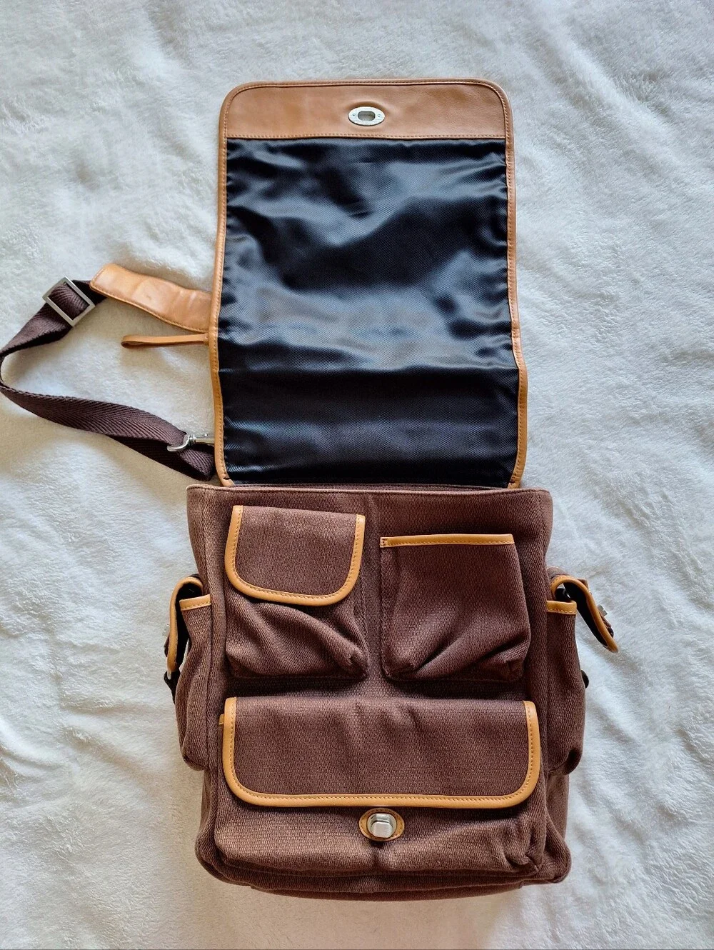 BODHI Genuine Leather & Canvas Messenger Bag Briefcase Brown 12x13